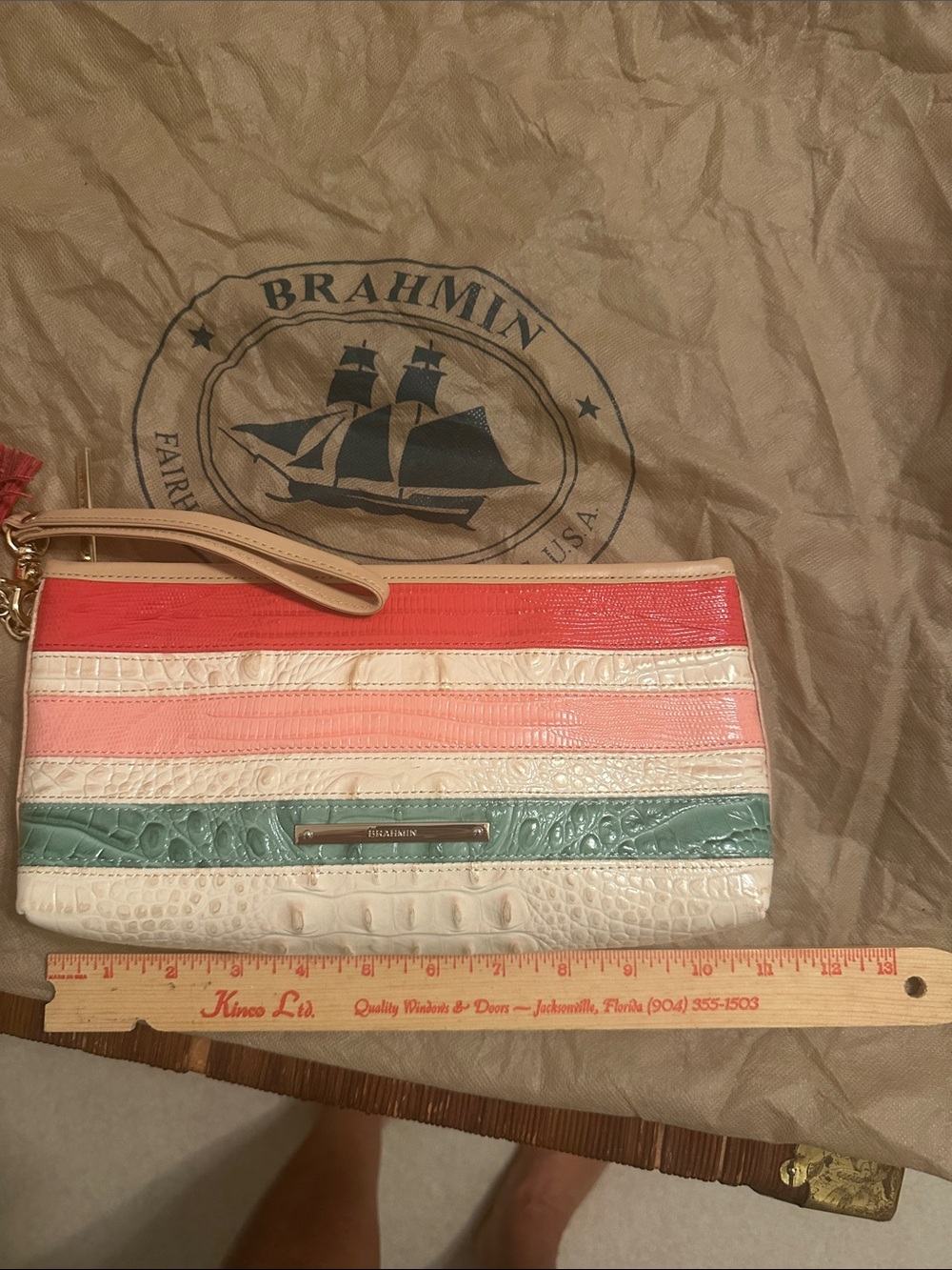 Brahmin Striped Leather Wristlet in Coral, Pink, Cream & Teal